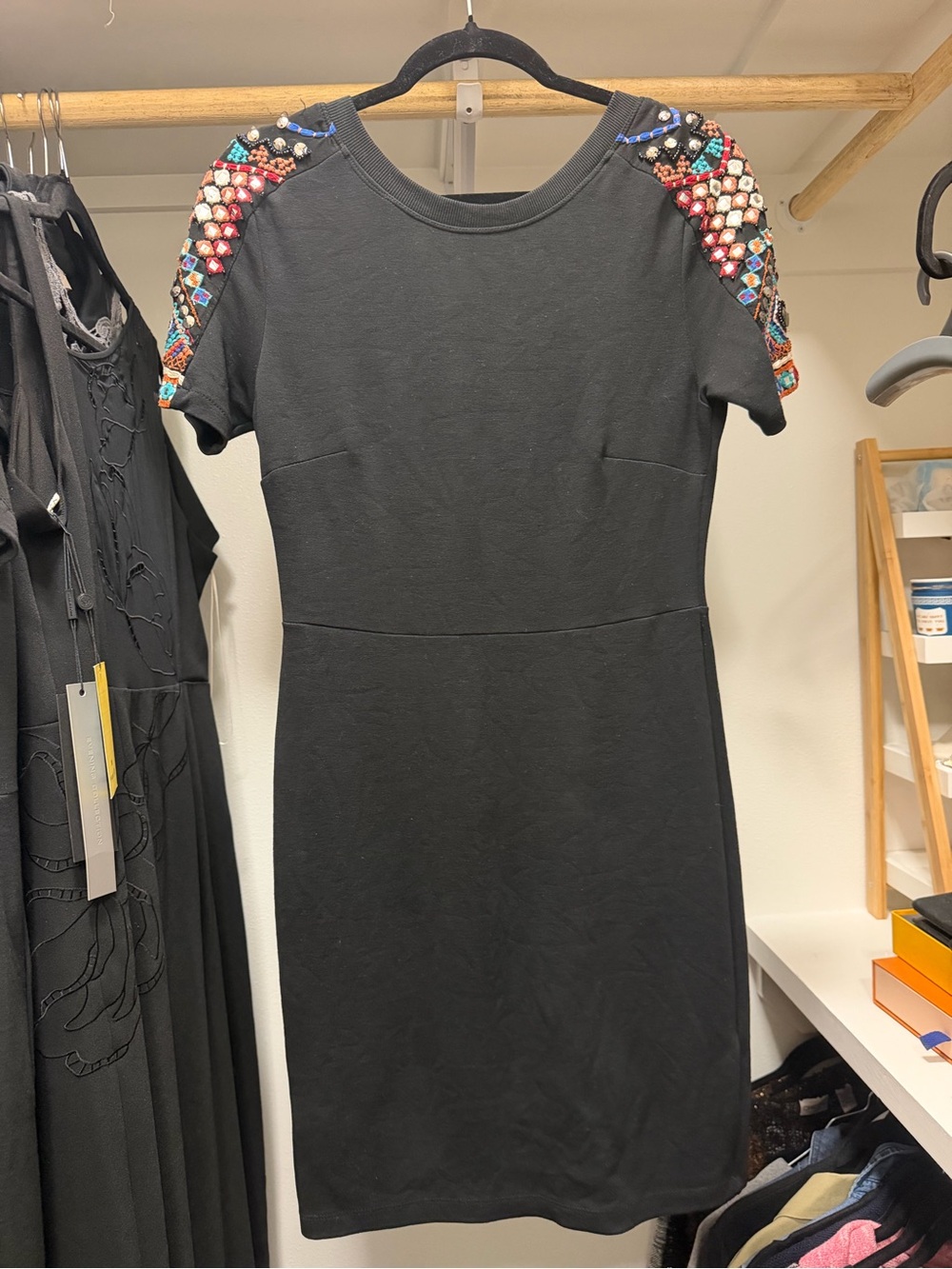 Zara Black Short Sleeve Dress with Multicolor Bead Embellished Shoulders